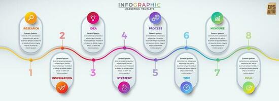 Infographic vector business marketing template colorful design circle icons 8 options isolated in minimal style. You can used for Marketing process, workflow presentations layout, flow chart, print ad