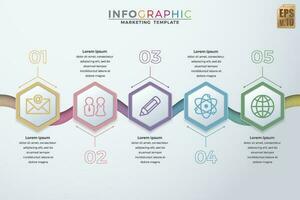 Infographic colorful Business template vector design Hexagon pastel icons 5 options or steps in minimal style. You can used for Marketing process, workflow presentations layout, flow chart, print ad.