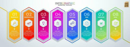 Infographic vector business design hexagon colorful icons template. 8 options in minimal style. You can used for Idea Marketing process, workflow presentations layout, flow chart.