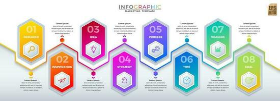 Infographic vestor business design hexagon icons colorful isolated template. 8 options or steps in minimal style. You can used for Marketing process, workflow presentations layout, flow chart. vector