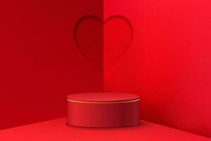 Realistic podium red 3D cylinder pedestal with heart shape peper cut shape background. Valentine minimal scene for products showcase, Promotion display. Vector abstract studio room platform design.