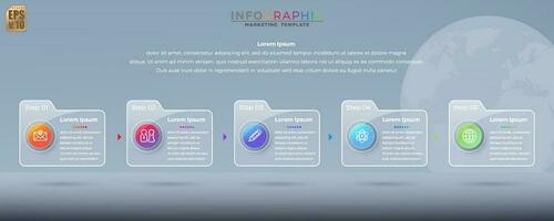 Infographic vector design Business colorful template folder 5 options icons in glass transparency style. You can used for Marketing process, workflow presentations layout, flow chart, print ad.
