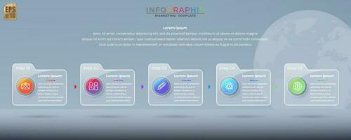 Infographic vector design Business colorful template folder 5 options icons in glass transparency style. You can used for Marketing process, workflow presentations layout, flow chart, print ad.