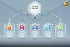 infografía vector negocio hexágono íconos lujo diseño vistoso modelo. 5 5 opciones en vaso transparencia. usted lata usado para márketing proceso, flujo de trabajo presentaciones disposición, fluir cuadro, impresión anuncio.