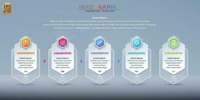 Infographic vector business marketing design hexagon icons colorful template. 5 options in glass transparency. You can used for Marketing process, workflow presentations layout, flow chart.