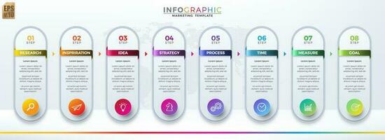 infografía negocio márketing modelo vistoso vector diseño redondo esquina íconos 8 opciones y brillante color bar. usted lata usado para márketing proceso, flujo de trabajo presentaciones disposición, fluir cuadro, impresión anuncio