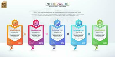 Infographic business design hexagon icons colorful isolated template vector. 5 options or steps on banner style. You can used for Marketing process, workflow presentations layout, flow chart. vector