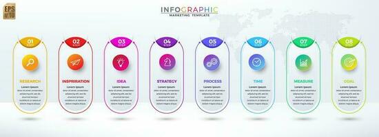 Infographic business colorful vector design circle icons 8 options isolated in minimal style on world map. You can used for Marketing process, workflow presentations layout, flow chart, print ad.