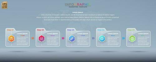 infografía vector diseño negocio vistoso modelo carpeta 5 5 opción hexágono íconos en vaso transparencia estilo. usted lata usado para márketing proceso, flujo de trabajo presentaciones disposición, fluir cuadro, impresión anuncio.