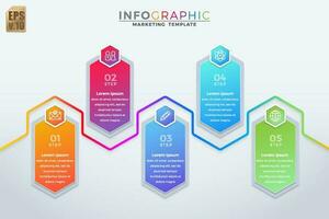 Infographic business colorful template Isolated vector design hexagon icons 5 options in minimal style. You can used for Marketing process, workflow presentations layout, flow chart, print ad.