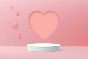 Realistic podium white 3D cylinder pedestal with pink heart peper cut shape background. Valentine minimal scene for products showcase, Promotion display. Vector abstract studio room platform design.