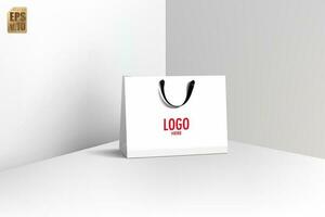 blanco papel bolso y negro encargarse de realista vector diseño. blanco logo para insertar marca. usted lata usado para márketing en línea, ventas, presentaciones disposición, publicidad, promoción, compras, impresión anuncio.