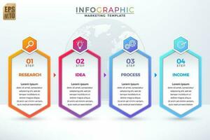 Infographic vector business marketing design hexagon icons colorful template. 4 options minimal style on globe Background. You can used for Marketing process, workflow presentations layout, flow chart