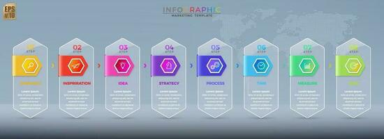 Infographic vector business design glossy hexagon icons colorful template. 8 options in glossy glass transparency. You can used for Marketing process, workflow presentations layout, flow chart.