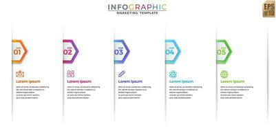 Infographic colorful template business design hexagon icons vector. 5 options or steps isolated in minimal style. You can used for Marketing process, workflow presentations layout, flow chart. vector