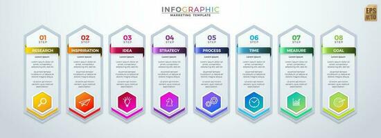 Infographic vector business design hexagon icons colorful template. 8 options and stripes in minimal style. You can used for Marketing process, workflow presentations layout, flow chart.