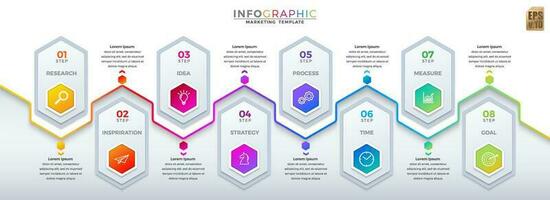 infografía negocio márketing diseño hexágono íconos vistoso modelo vector. 8 opciones o pasos en mínimo estilo. usted lata usado para márketing proceso, flujo de trabajo presentaciones disposición, fluir cuadro. vector