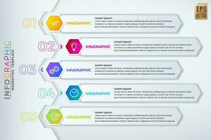 Infographic business design hexagon icons colorful template vector. 5 options or steps isolated in minimal style. You can used for Marketing process, workflow presentations layout, flow chart. vector