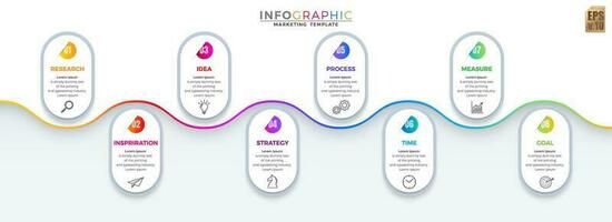 Infographic marketing template colorful vector design Round corner icons 8 options or steps in minimal style. You can used for Marketing process, workflow presentations layout, flow chart, print ad.