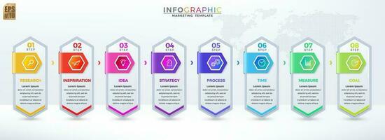 Infographic VECTOR business design hexagon icons colorful template. 8 options or steps isolated minimal style. You can used for Marketing process, workflow presentations layout, flow chart.