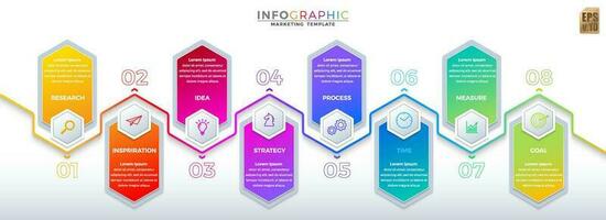 infografía vector negocio diseño hexágono íconos vistoso modelo. 8 opciones o pasos aislado mínimo estilo. usted lata usado para márketing proceso, flujo de trabajo presentaciones disposición, fluir cuadro, impresión anuncio.