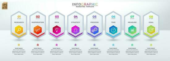 Infographic business vector design hexagon icons colorful template. 8 options or steps isolated minimal style. You can used for Marketing process, workflow presentations layout, flow chart.