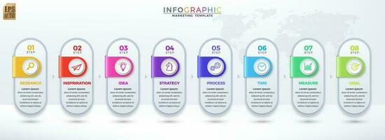 Infographic vector marketing business template colorful design circle icons 8 options isolated in minimal style. You can used for Marketing process, workflow presentations layout, flow chart, print ad