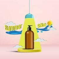 Summer sale display 3d podium for mock up and background. Vector 3D Illustration and paper cutout style.