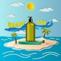 Summer sale display 3d podium for mock up and background. Vector 3D Illustration and paper cutout style.