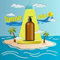 Summer sale display 3d podium for mock up and background. Vector 3D Illustration and paper cutout style.