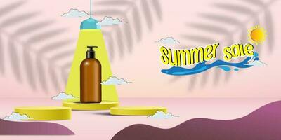 Summer sale display 3d podium for mock up and background. Vector 3D Illustration and paper cutout style.