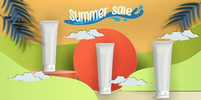 Summer sale display 3d podium for mock up and background. Vector 3D Illustration and paper cutout style.