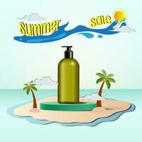 Summer sale display 3d podium for mock up and background. Vector 3D Illustration and paper cutout style.