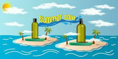 Summer sale display 3d podium for mock up and background. Vector 3D Illustration and paper cutout style.