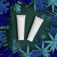 White tube mockup with dark background and blue leaves for cosmetic vector