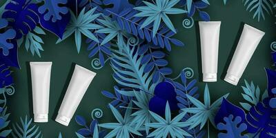 White tube mockup with dark background and blue leaves for cosmetic vector