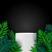 Black background summer sale display 3D white podium with leaves for mock up vector