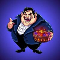 Funny fat vampire Dracula holding a basket of sweets. Halloween cartoon character. Vector illustration. Dark purple background with