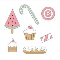 A set of sweet icons - lollipops, cakes and watermelon. vector