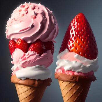 3d representación realista fresa y vainilla helado cono con Fresco fresas generativo ai foto