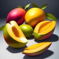 3D Rendering Realistic Fresh Mangos. Generative AI photo