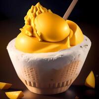 3D Rendering Realistic Mango With Vanilla Ice Cream. photo