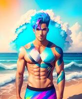 Abstract Blue Paint Splash Fit Muscular Aqua Young Man With Sea Beach Background. Generative AI photo