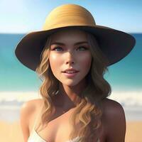 Beautiful Young Woman With Summer Hat And Sea Beach Background photo