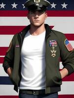 USA Army Soldier With American Flag Background photo