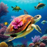 3D Realistic Turtle Underwater Colorful Fish And Sea Creatures. photo