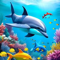 3D Drawing Illustration Dolphin With Underwater Colorful Fish And Sea Creatures. photo