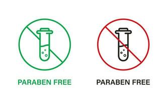 Paraben Free with Test Tube Line Icon Set. Forbidden Paraben in Food Symbol. Safety Eco Organic Cosmetic Bio Product. Chemical Preservative Stop Sign. No Plastic. Vector Illustration.