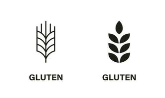 gluten ingredientes línea y silueta icono colocar. trigo alergia producto negro pictograma. orgánico cereal semilla símbolo colección en blanco antecedentes. aislado vector ilustración.