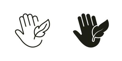 Hypoallergenic Concept Black Icons Set. Sensitive Hand Skin Silhouette and Line Symbol Collection. Soft Hypo Allergenic Sign. Dermatology Cosmetic, Feather Sign. Isolated Vector Illustration.